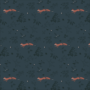 image d'un motif textile avec répétition représentant un renard roux qui court au milieu de feuillage bleu foncé