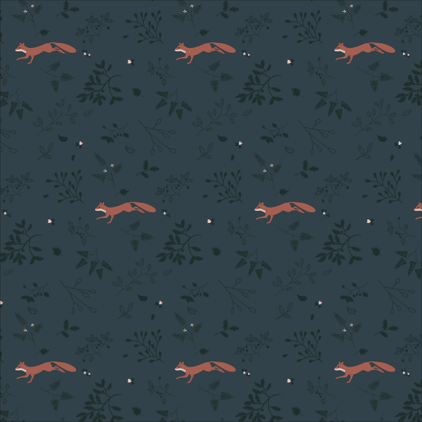 image d'un motif textile avec répétition représentant un renard roux qui court au milieu de feuillage bleu foncé